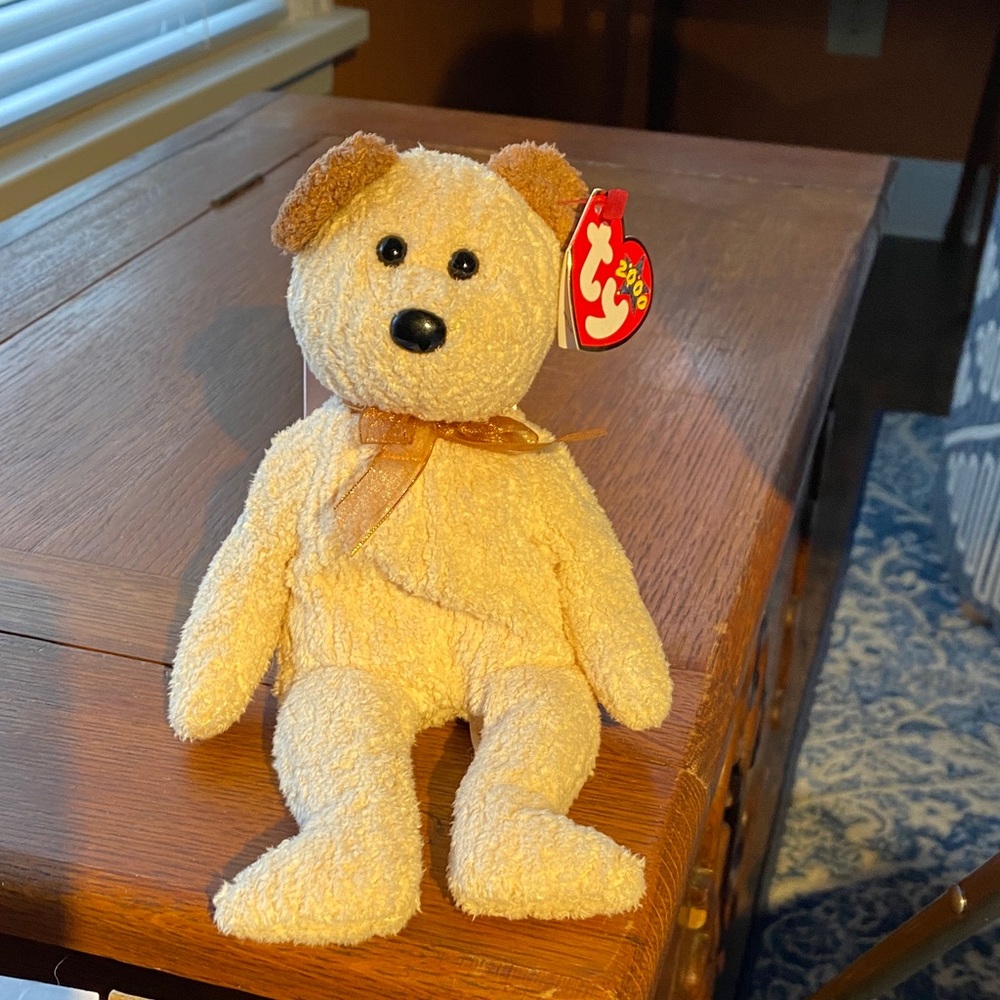 Ty Tan Plush Bear with Brown Bow “Huggy” 2000